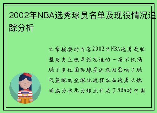 2002年NBA选秀球员名单及现役情况追踪分析