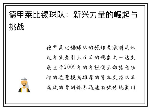 德甲莱比锡球队：新兴力量的崛起与挑战