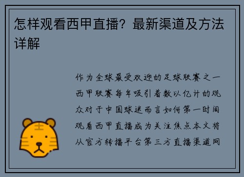 怎样观看西甲直播？最新渠道及方法详解