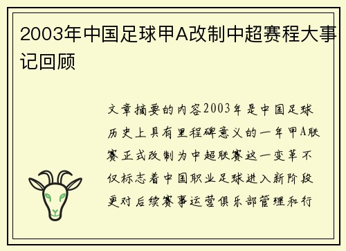 2003年中国足球甲A改制中超赛程大事记回顾